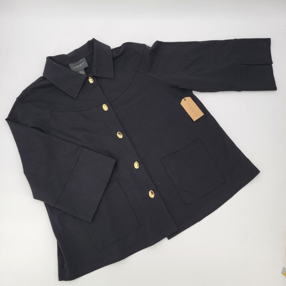 Christian Siriano Womens 1X Black 3/4 Sleeve Flip Cuff Gold Button Jacket NWT